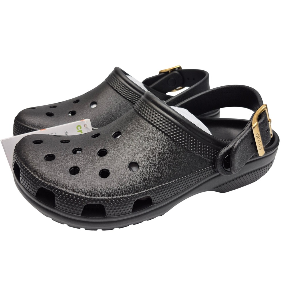Crocs Classic Metallic Black Adjustable Buckle Clogs Women's Size 9 Shoes Unisex